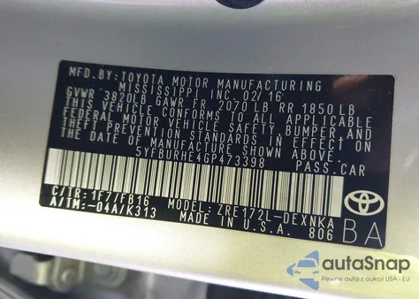 2016 Toyota Corolla Le from USA, damaged, VIN 5YFBURHE4GP473398